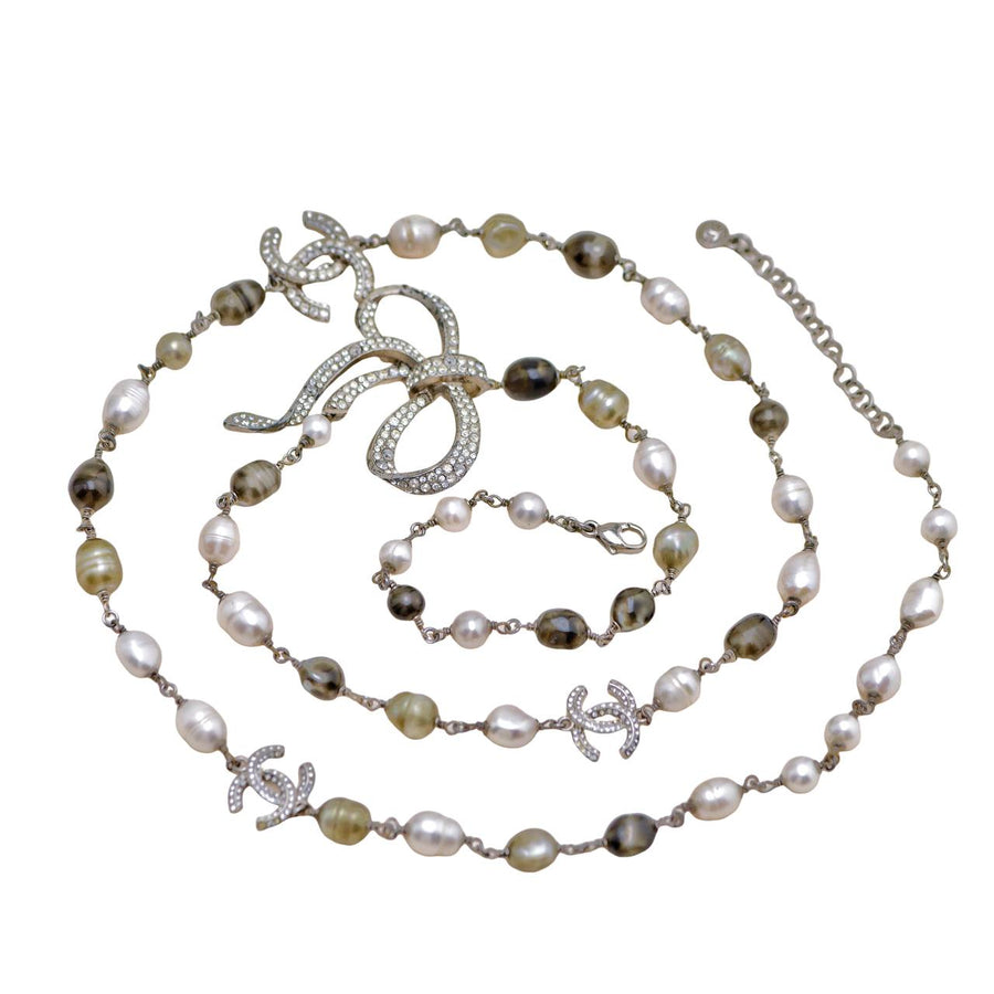 Preloved Chanel CC Collection Faux Pearl Crystal Bow Bead Necklace