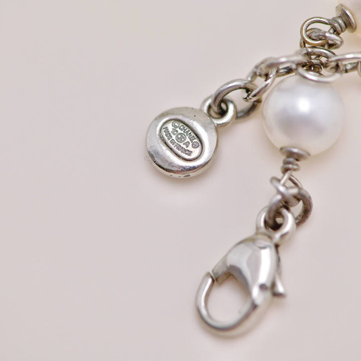 Second Hand Chanel CC Collection Faux Pearl Crystal Bow Necklace