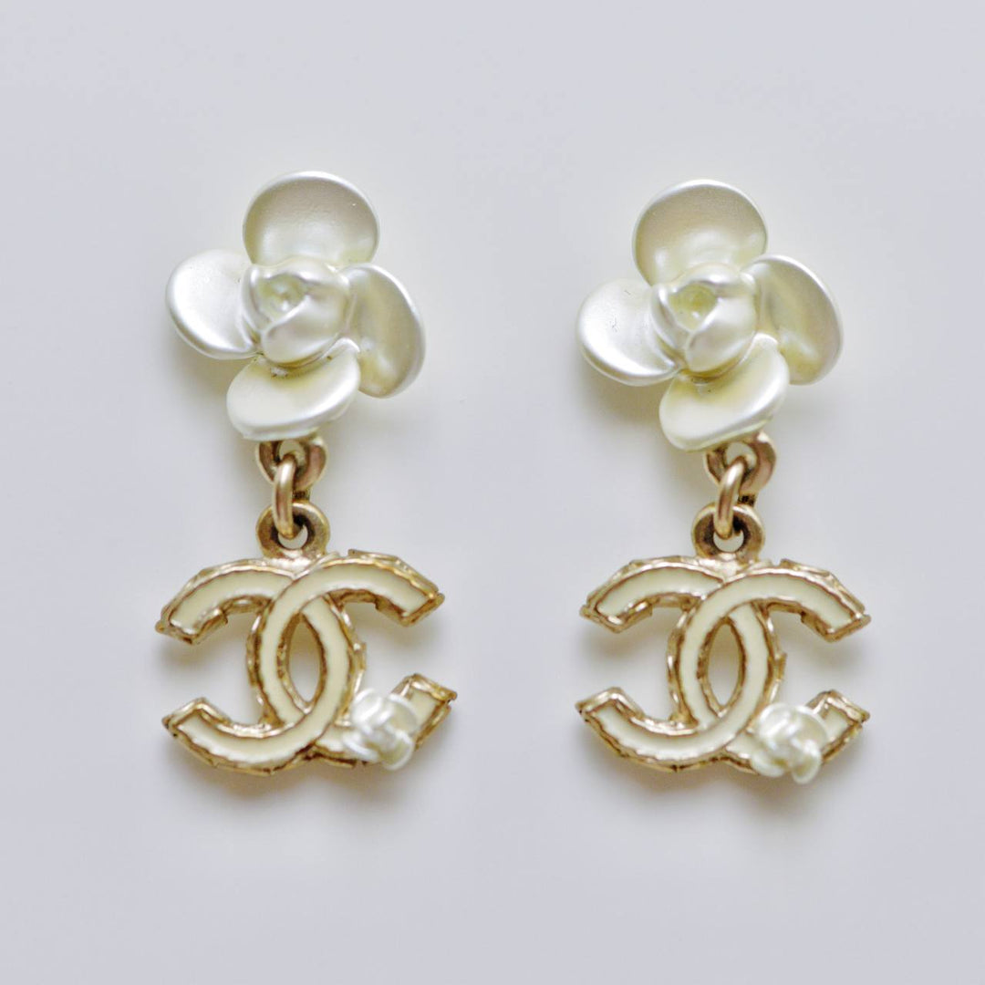 Used Chanel CC Collection White Gold Enamel Floral Dangle Earrings 