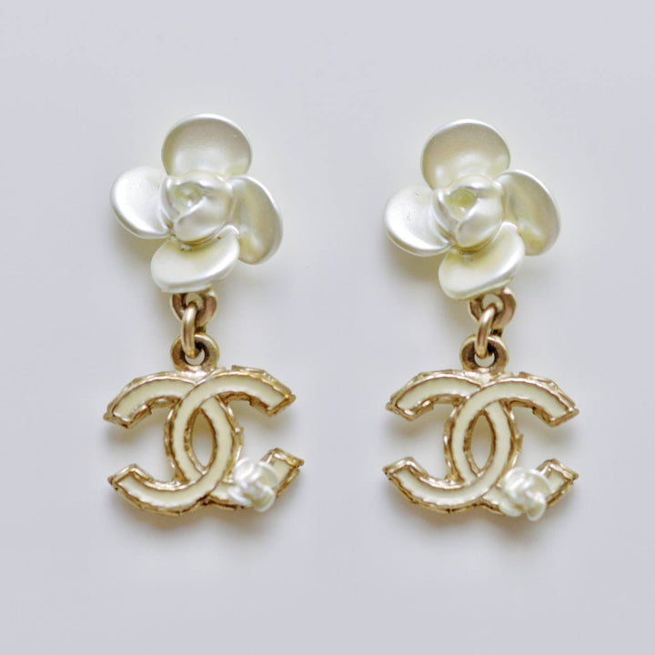 Used Chanel CC Collection White Gold Enamel Floral Dangle Earrings 