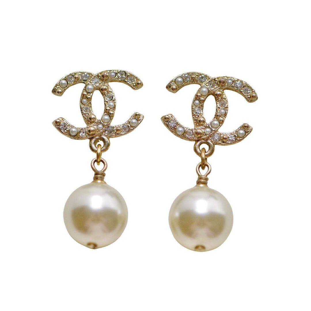 Preloved Chanel CC Collection Faux Pearl Crystal Dangle Earrings