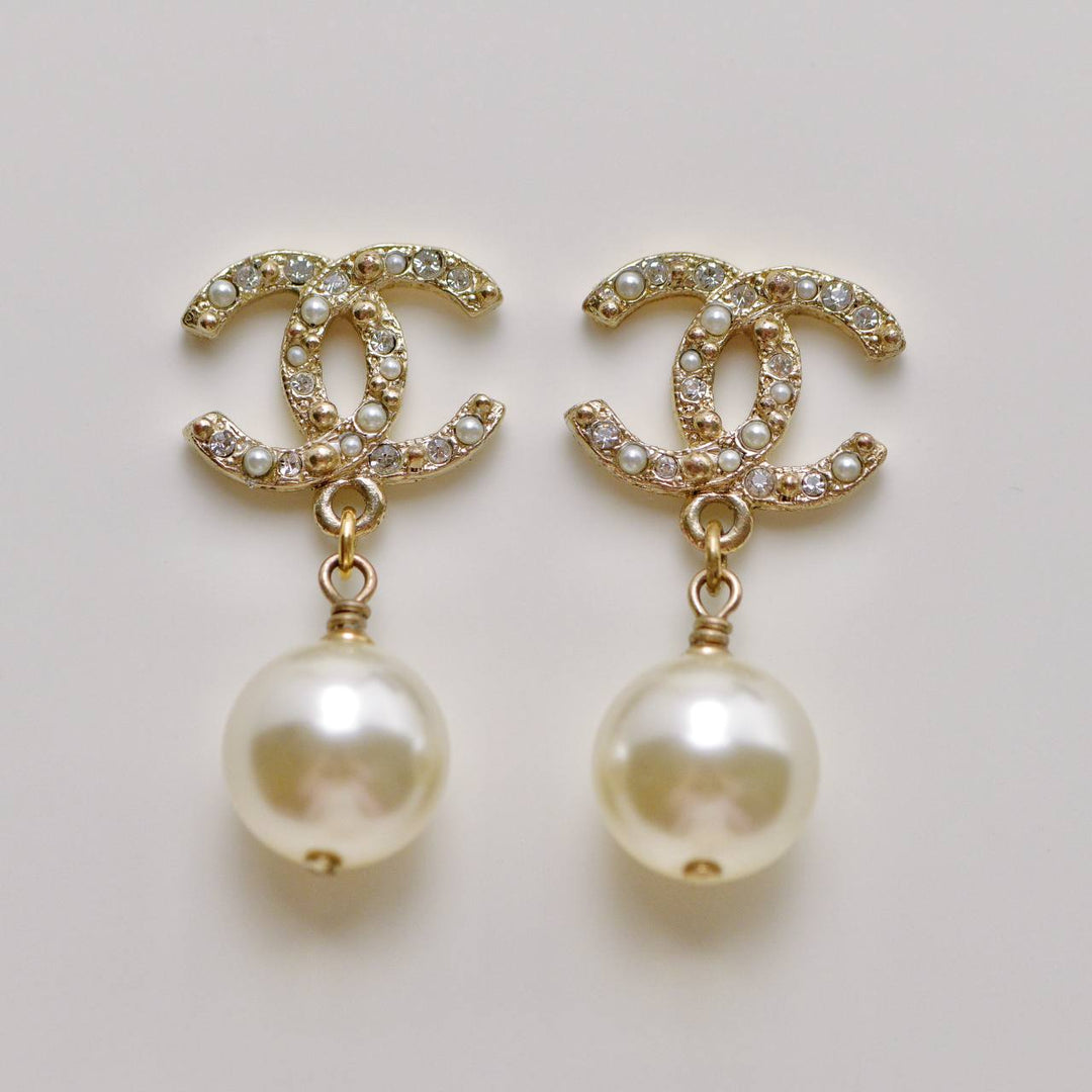 Used Chanel CC Collection Faux Pearl Crystal Dangle Earrings