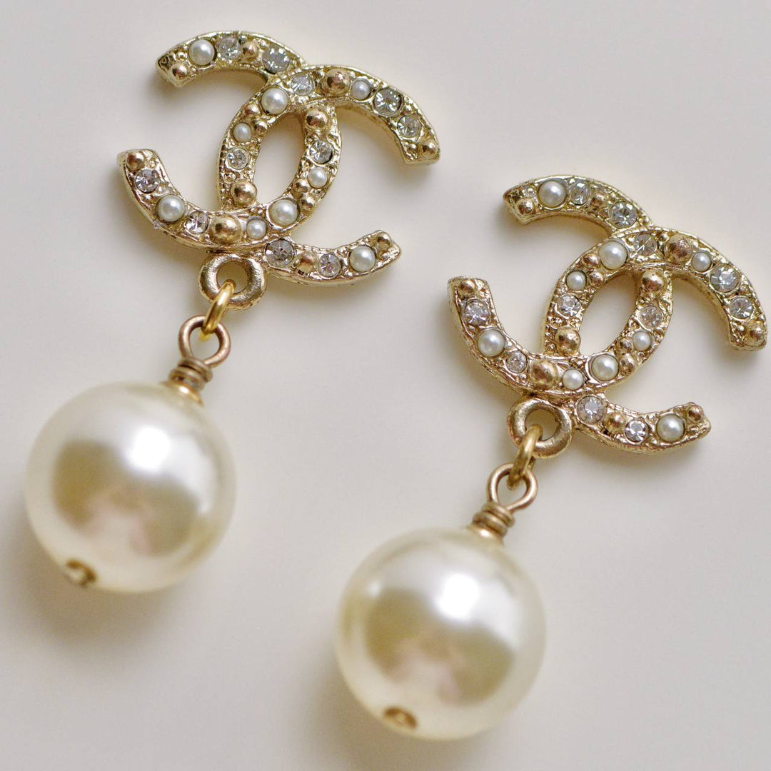 Preloved Chanel CC Collection Faux Pearl Crystal Earrings