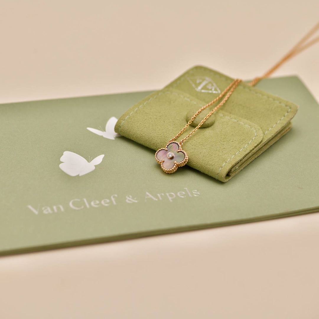 Preowned Van Cleef & Arpels Vintage Alhambra Grey Mother of Pearl 18k Rose Gold 2014 Holiday Pendant