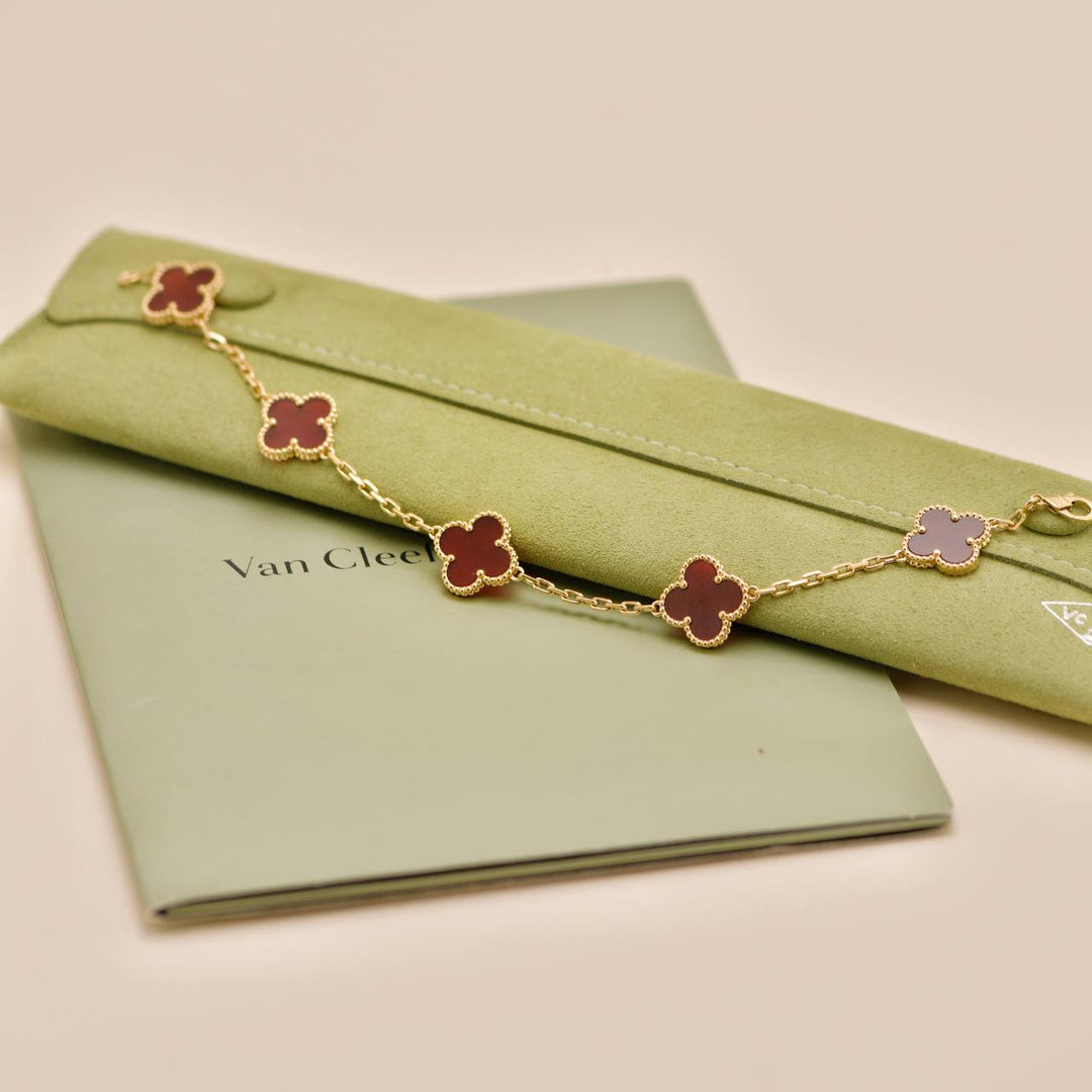 Preowned Van Cleef & Arpels Vintage Alhambra 5 Motif Carnelian 18K Yellow Gold Bracelet