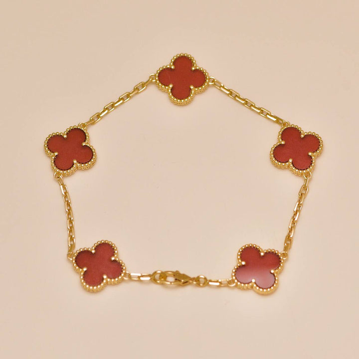 Second Hand Van Cleef & Arpels Vintage Alhambra 5 Motif Carnelian 18K Yellow Gold Bracelet