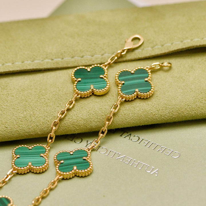 Used Van Cleef & Arpels Vintage Alhambra 5 Motif Malachite 18K Yellow Gold Bracelet