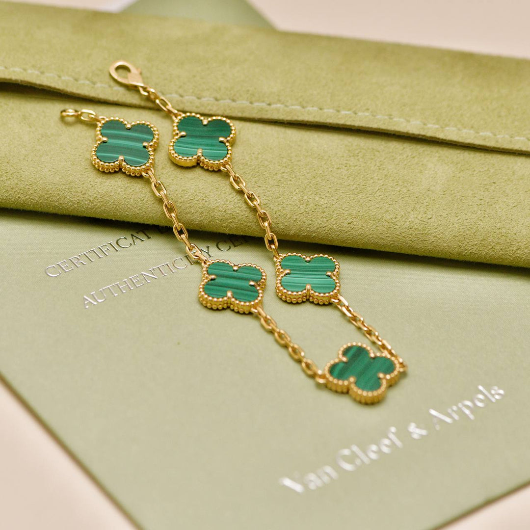 Preowned Van Cleef & Arpels Vintage Alhambra 5 Motif Malachite 18K Yellow Gold Bracelet