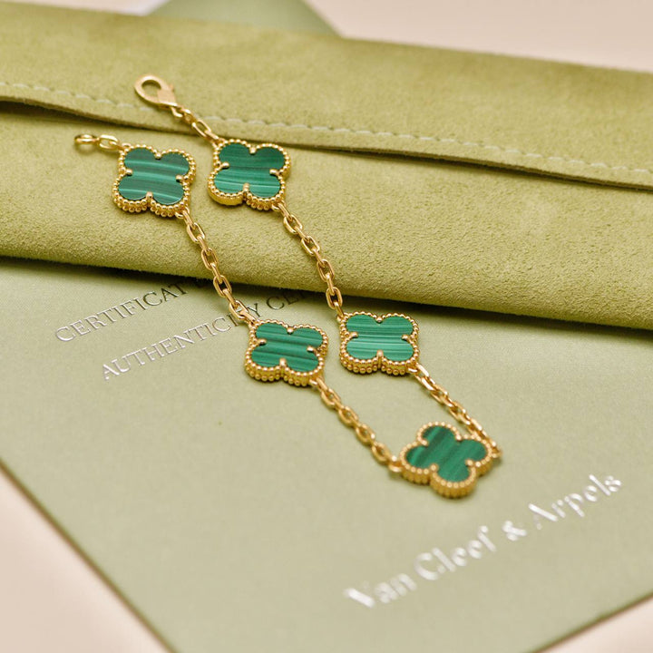 Preowned Van Cleef & Arpels Vintage Alhambra 5 Motif Malachite 18K Yellow Gold Bracelet
