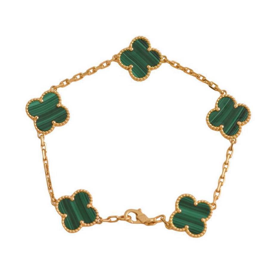 Preloved Van Cleef & Arpels Vintage Alhambra 5 Motif Malachite 18K Yellow Gold Bracelet