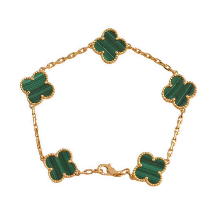 Preloved Van Cleef & Arpels Vintage Alhambra 5 Motif Malachite 18K Yellow Gold Bracelet