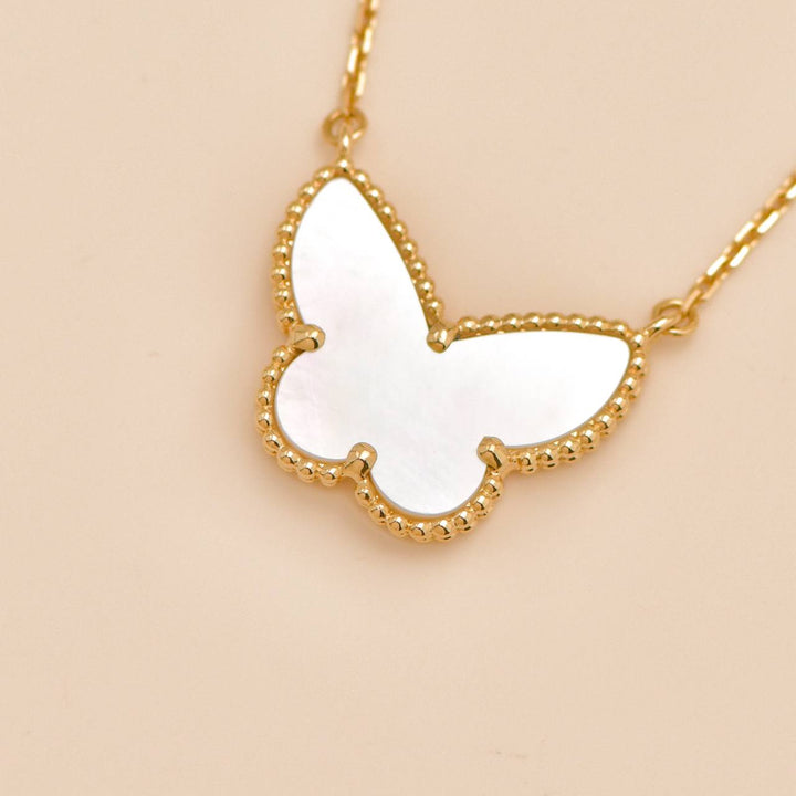 Used Van Cleef & Arpels Lucky Alhmabra Butterfly Mother of Pearl 18K Yellow Gold Pendant Necklace