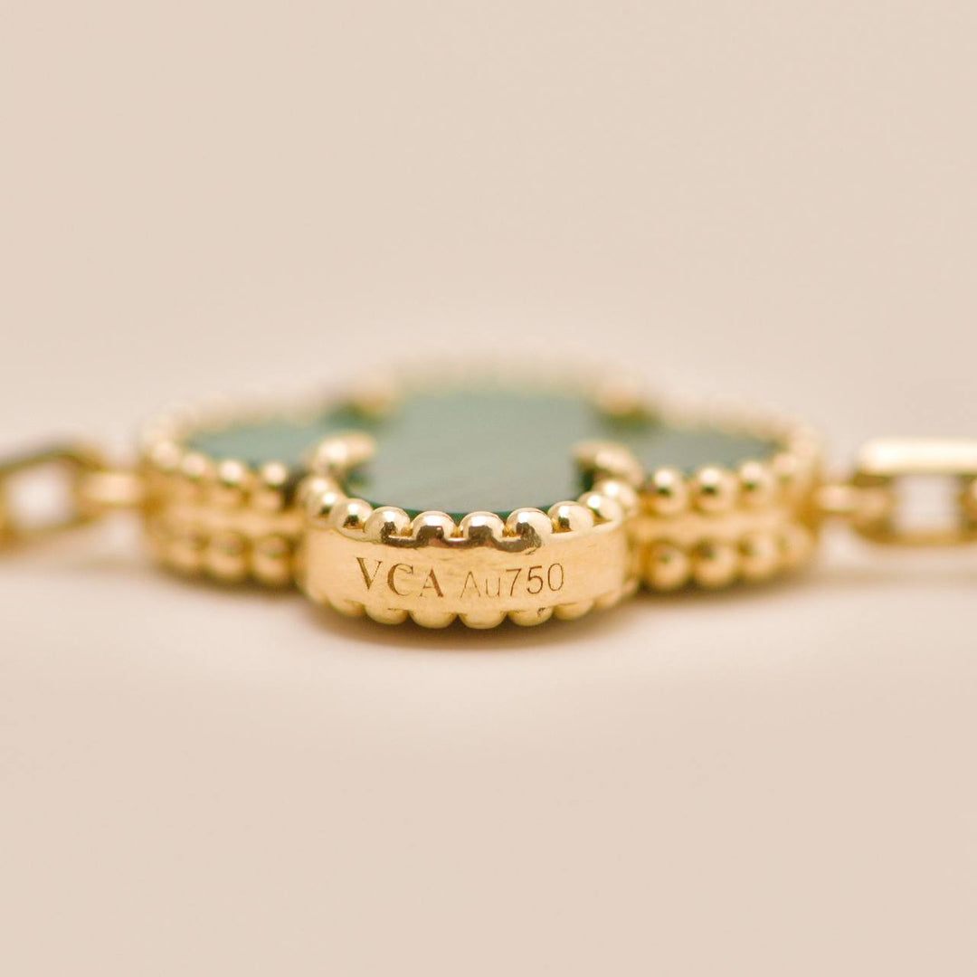 Preowned VCA Vintage Alhambra 5 Motif Malachite 18K Yellow Gold Bracelet