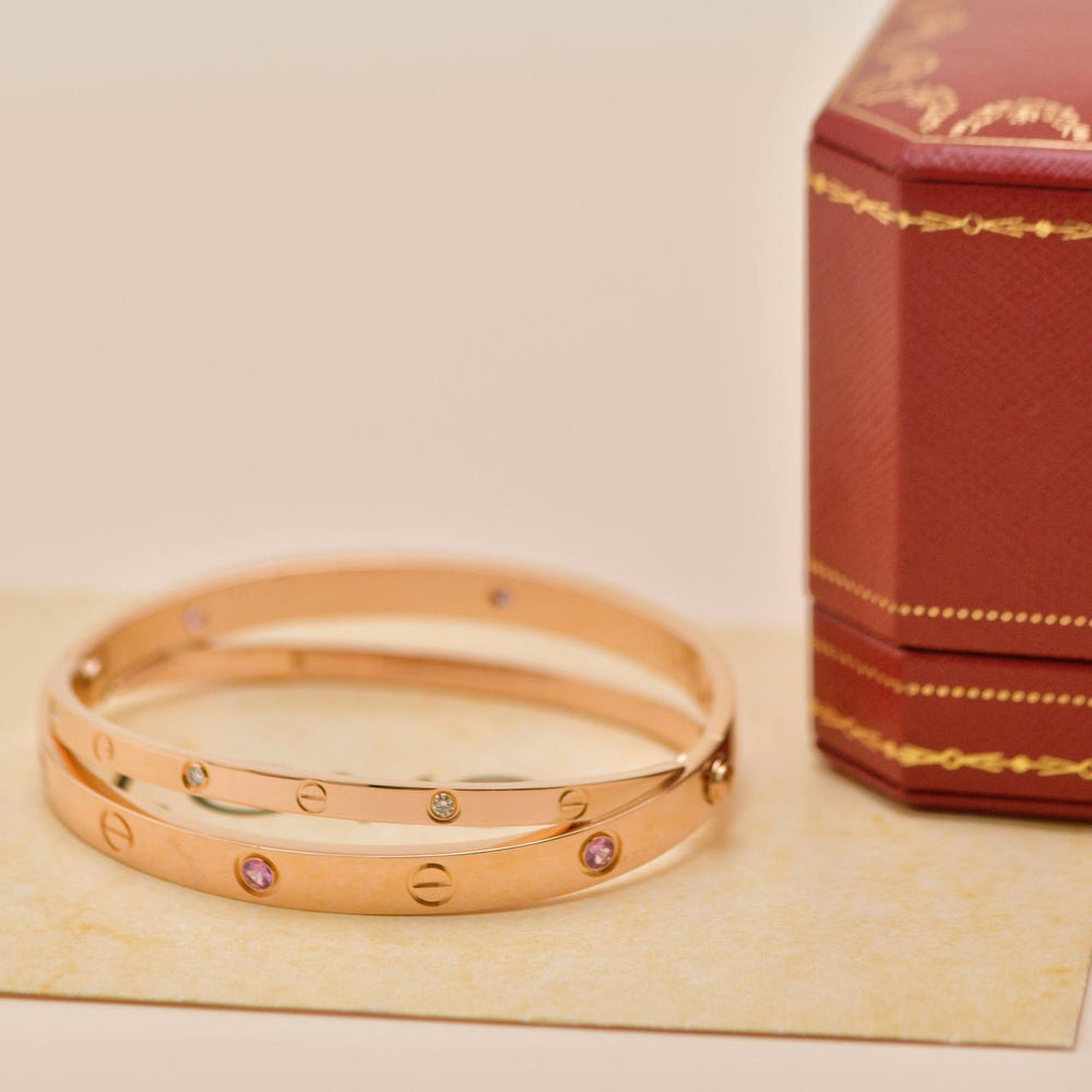 Preowned Cartier Love Diamond Pink Sapphire 18K Rose Gold Double Bracelet Size 17
