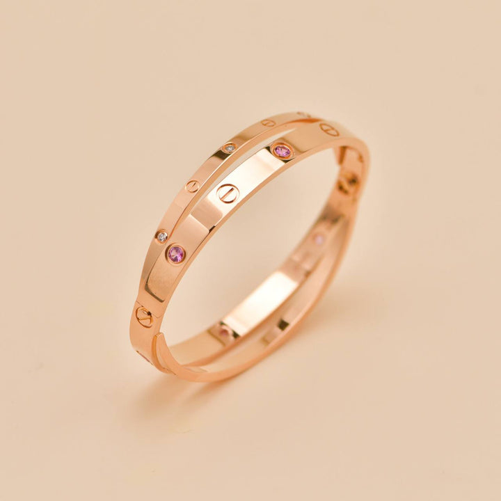 Used Cartier Love Diamond Pink Sapphire 18K Rose Gold Double Bracelet Size 17