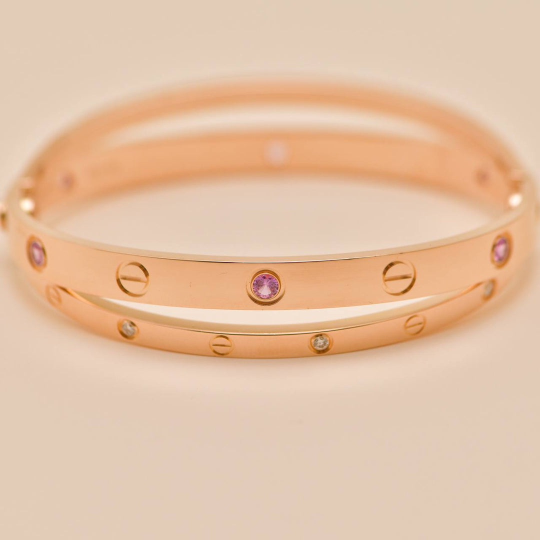 Second Hand Cartier Love Diamond Pink Sapphire 18K Rose Gold Double Bracelet Size 17