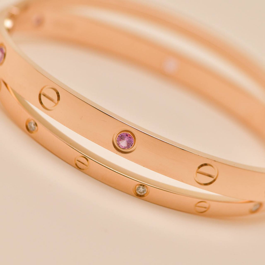 Second Hand Cartier Love Diamond Pink Sapphire 18K Rose Gold Double Bracelet 
