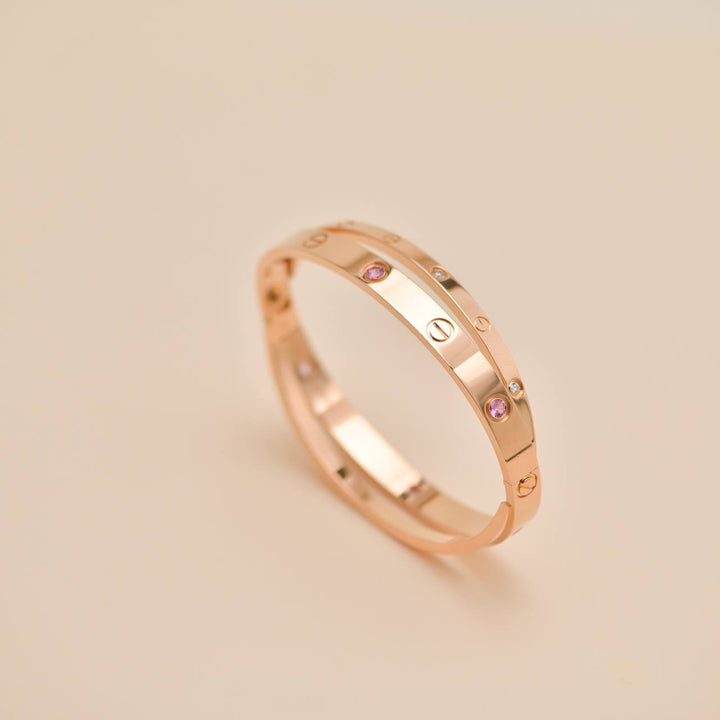 Preowned Cartier Love Diamond Pink Sapphire 18K Rose Gold Double Bracelet 