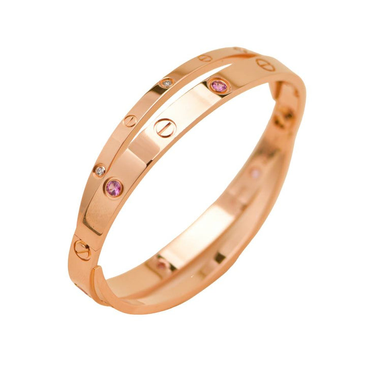 Preloved Cartier Love Diamond Pink Sapphire 18K Rose Gold Double Bracelet Size 17