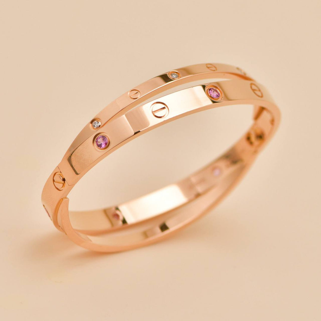 Preloved Cartier Love Diamond Pink Sapphire 18K Rose Gold Double Bracelet 