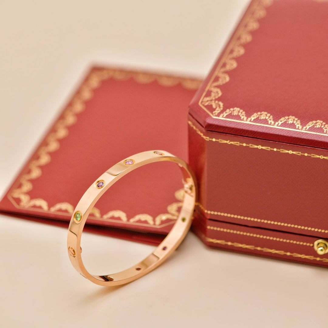 Second Hand Cartier Love Multi Gem 18K Rose Gold Bracelet Size 18