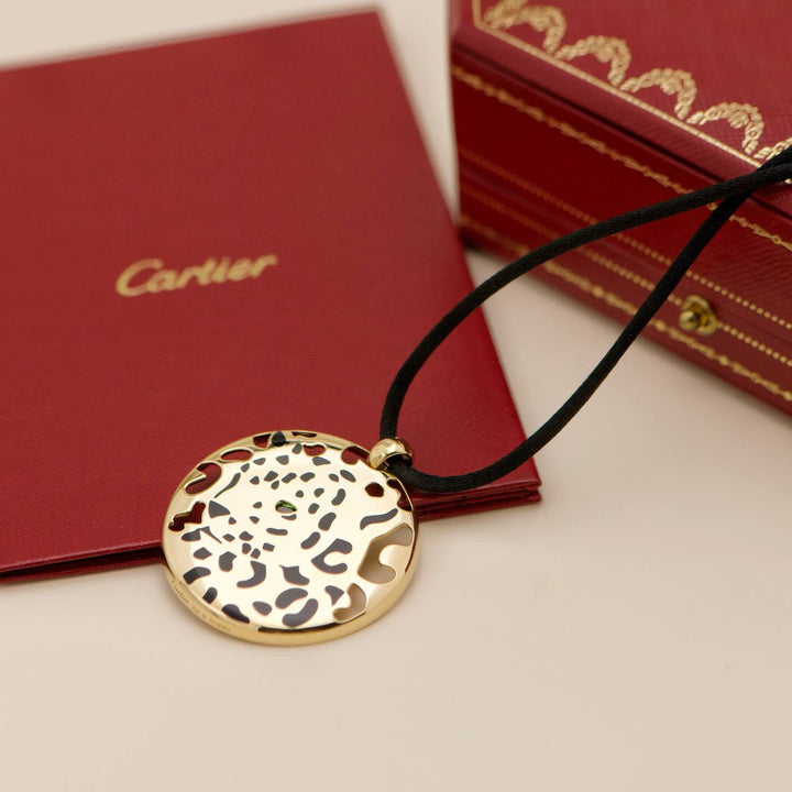 Preowned Cartier Panthère Enamel Tsavorite 18K Yellow Gold Cord Pendant Necklace