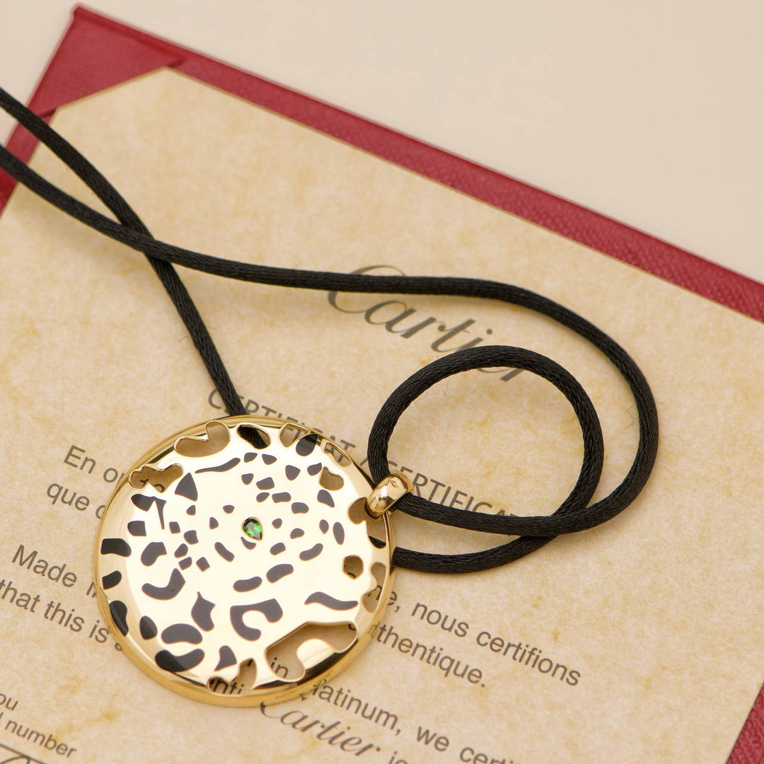 Used Cartier Panthère Enamel Tsavorite 18K Yellow Gold Cord Pendant Necklace