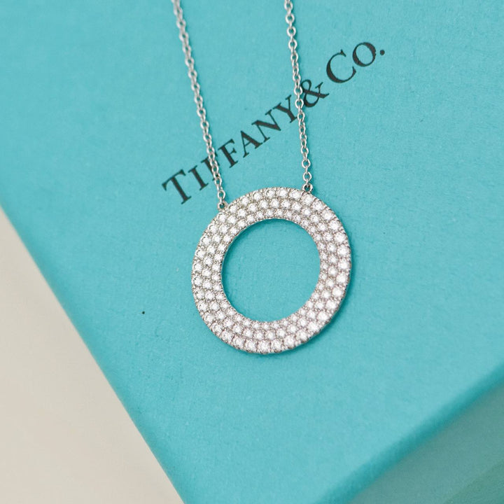Used Tiffany & Co. Metro Three-Row Diamond 18K White Gold Circle Pendant Necklace