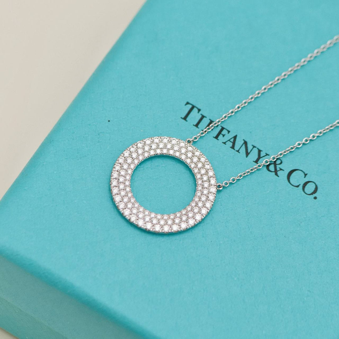 Second Hand Tiffany & Co. Metro Three-Row Diamond 18K White Gold Circle Pendant Necklace
