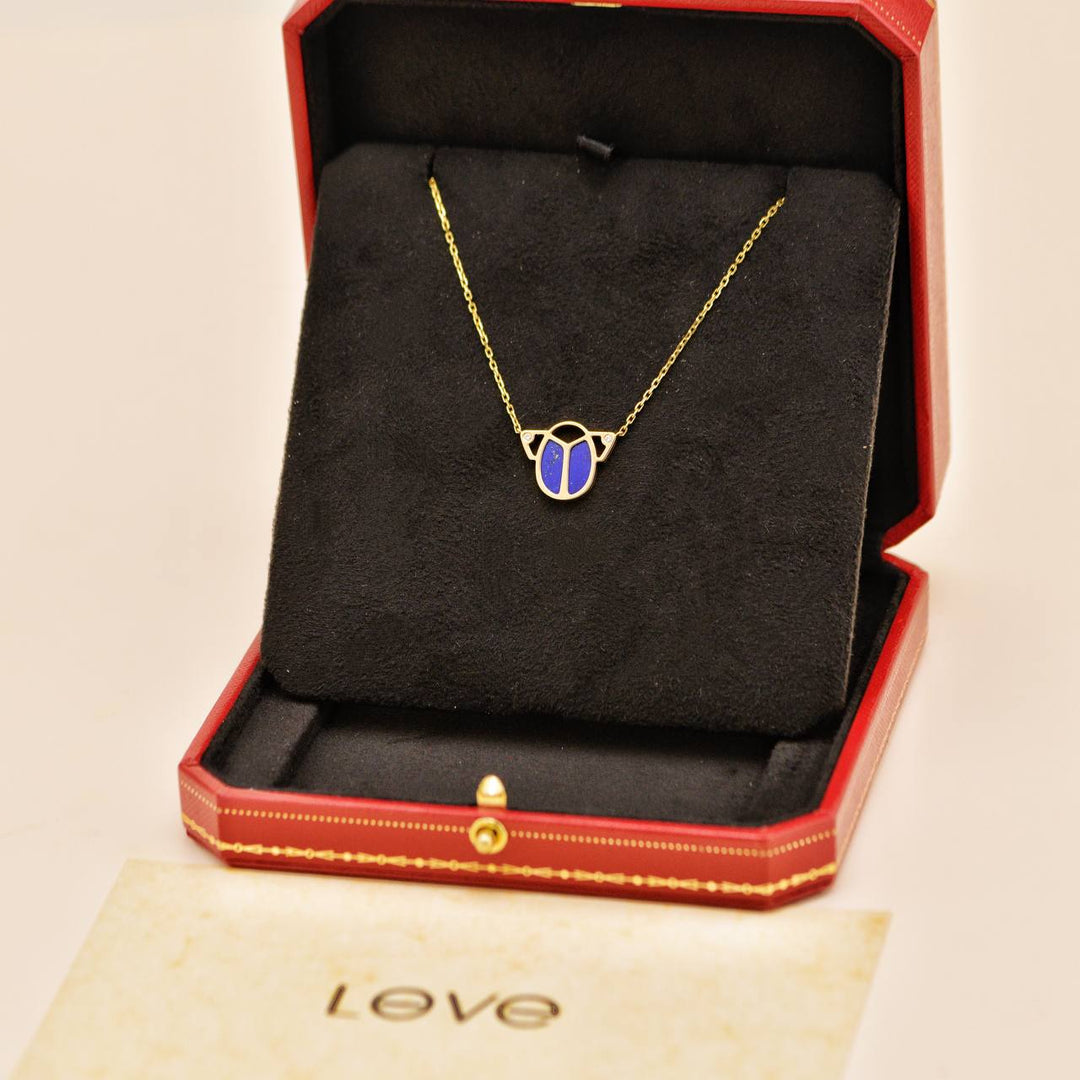 Preowned Cartier Limited Edition Diamond Lapis Lazuli 18K Yellow Gold Scarab Pendant Necklace