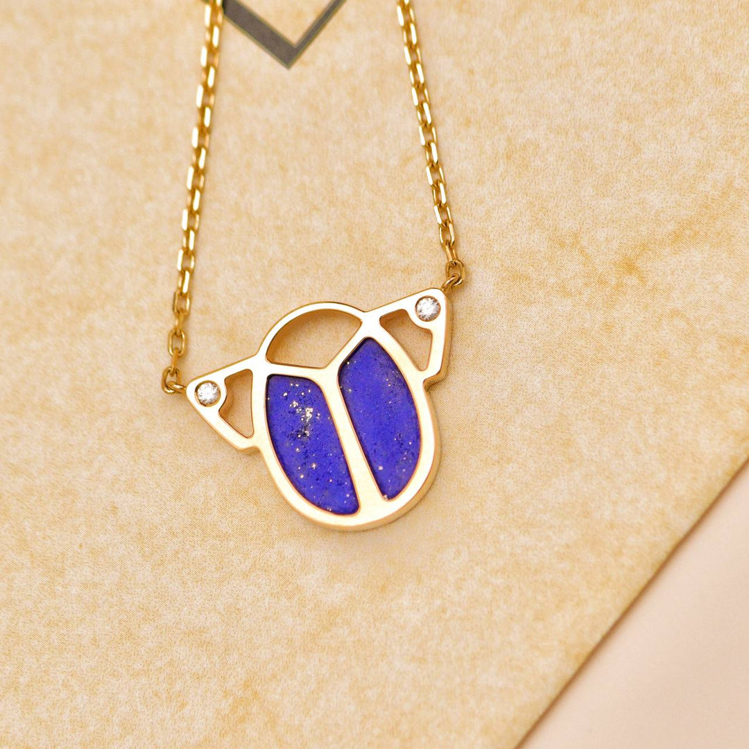 Second Hand Cartier Limited Edition Diamond Lapis Lazuli 18K Yellow Gold Scarab Necklace
