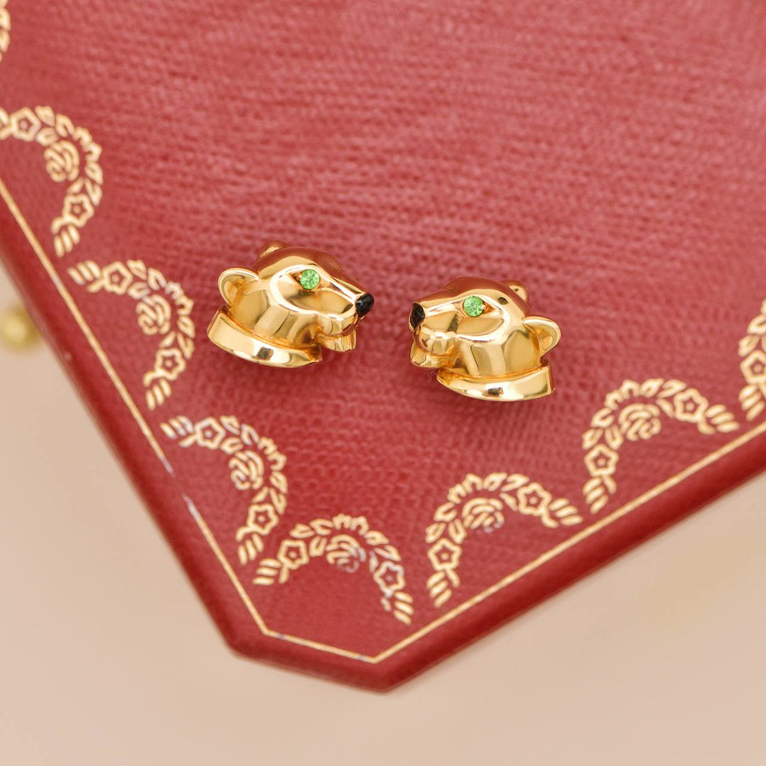 Second Hand Cartier Panthère de Cartier Tsavorite Onyx 18K Yellow Gold Stud Earrings