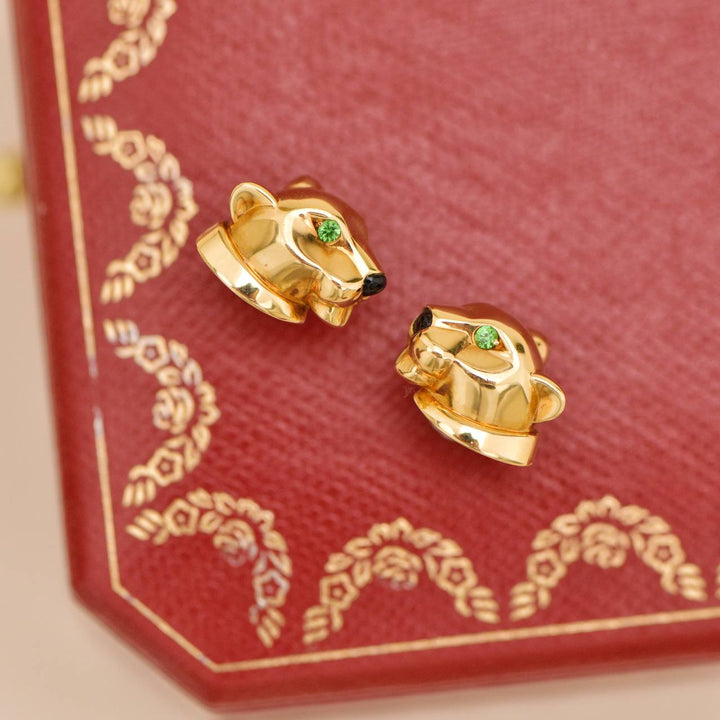Used Cartier Panthère de Cartier Tsavorite Onyx 18K Yellow Gold Stud Earrings