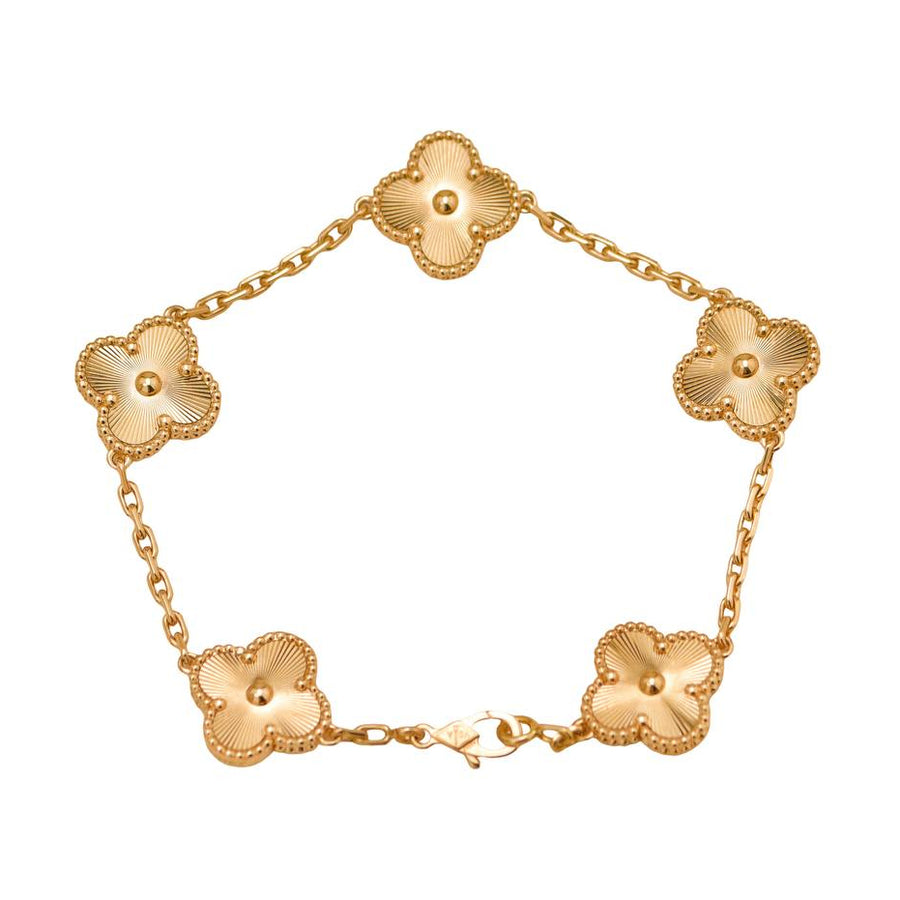 Preloved Van Cleef & Arpels Vintage Alhambra Guilloché 5 Motifs Bracelet 18K Yellow Gold