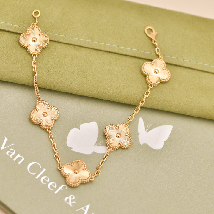 Used Van Cleef & Arpels Vintage Alhambra Guilloché 5 Motifs Bracelet 18K Yellow Gold