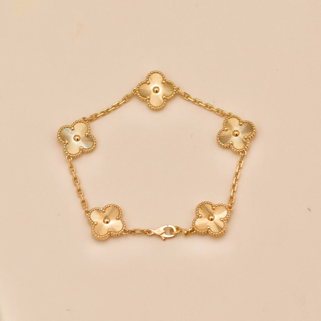 Preloved Van Cleef Vintage Alhambra Guilloché 5 Motifs Bracelet 18K Yellow Gold