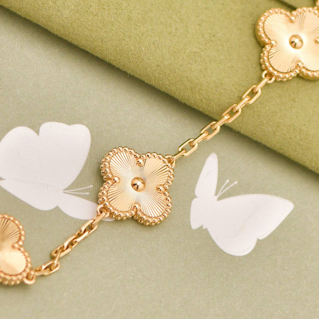 Preloved Van Cleef Vintage Alhambra Guilloché 5 Motifs Bracelet 18K Yellow Gold