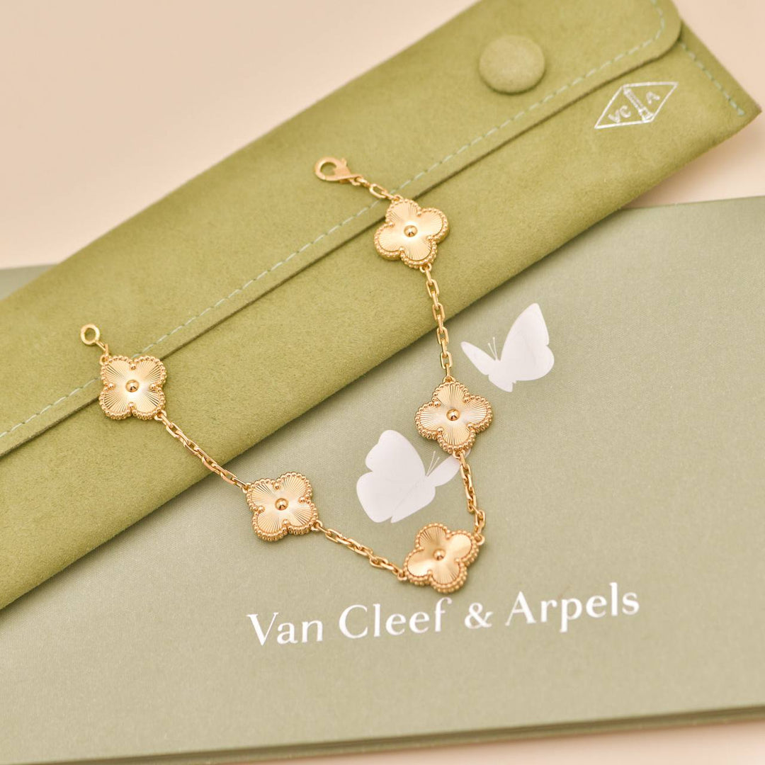 Preowned Van Cleef & Arpels Vintage Alhambra Guilloché 5 Motifs Bracelet 18K Yellow Gold