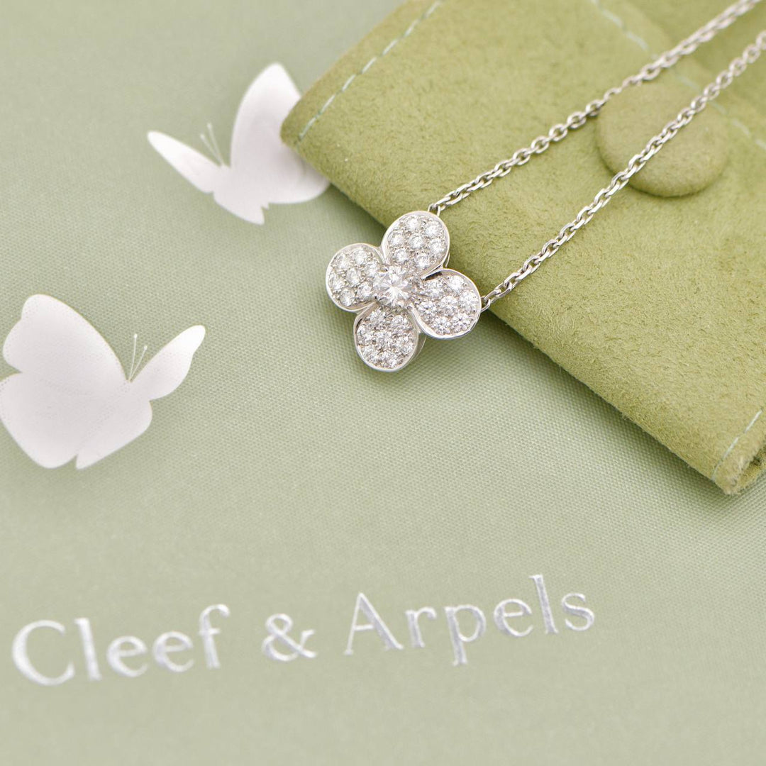 Used Van Cleef & Arpels Trefle Diamond 18K White Gold Necklace