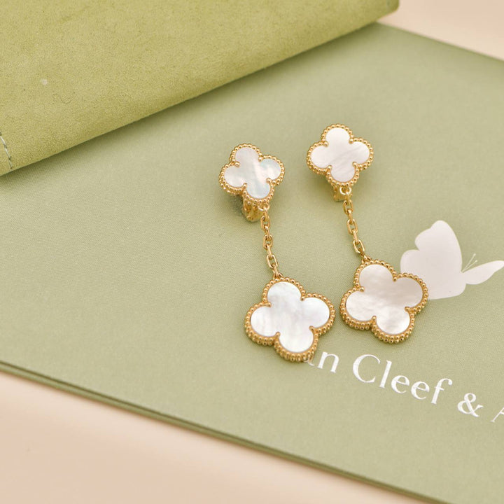 Used Van Cleef & Arpels Magic Alhambra 2 Motifs Mother of Pearl 18K Yellow Gold Earrings