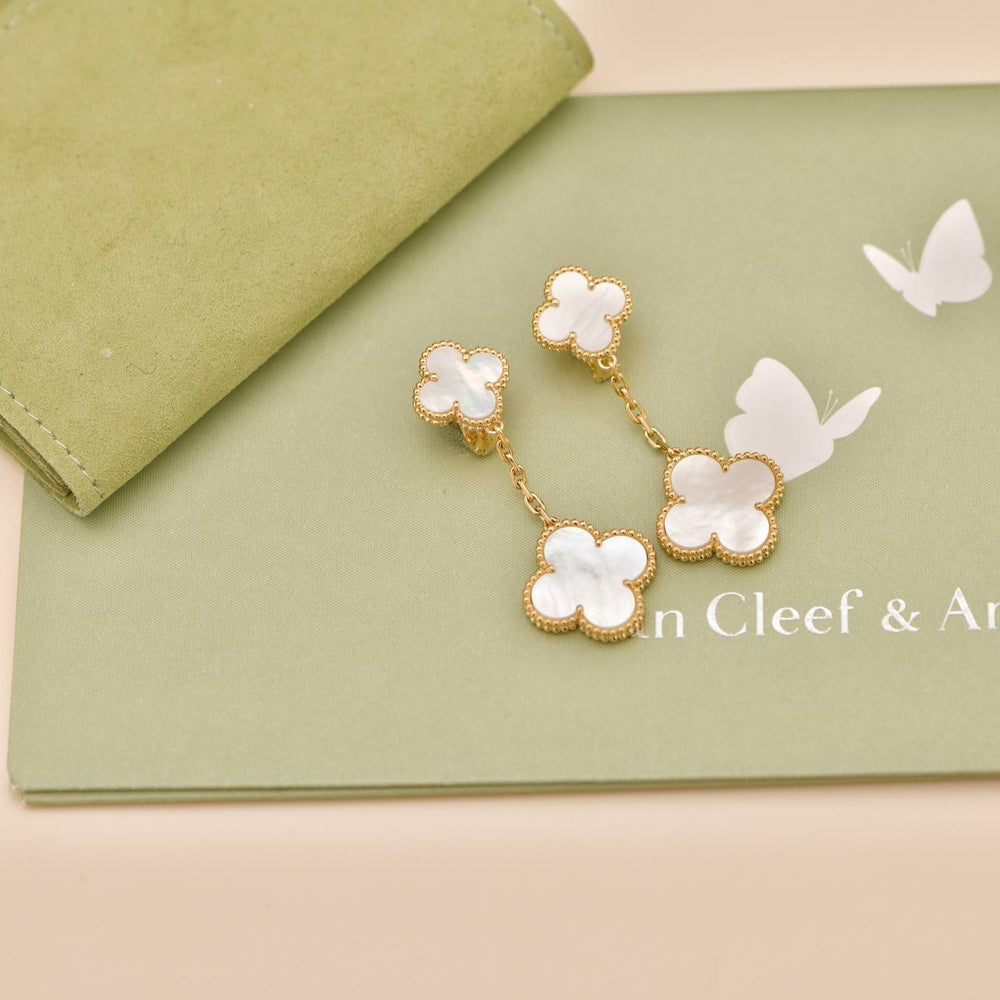 Preowned Van Cleef & Arpels Magic Alhambra 2 Motifs Mother of Pearl 18K Yellow Gold Earrings
