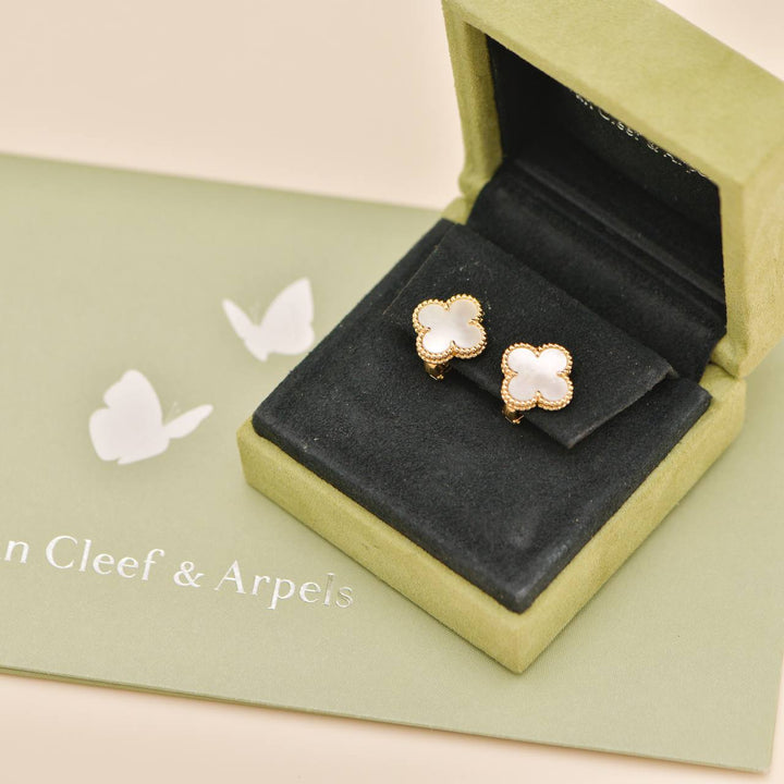 Preowned Van Cleef & Arpels Vintage Alhambra Mother of Pearl 18K Yellow Gold Earrings