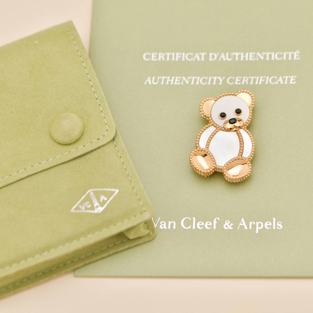 Preowned Van Cleef & Arpels Lucky Animals Mother of Pearl Onyx 18K Rose Gold Teddy Bear Clip