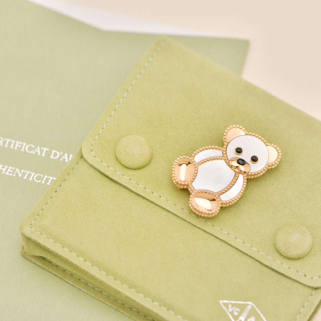 Used Van Cleef & Arpels Lucky Animals Mother of Pearl Onyx 18K Rose Gold Teddy Bear Clip