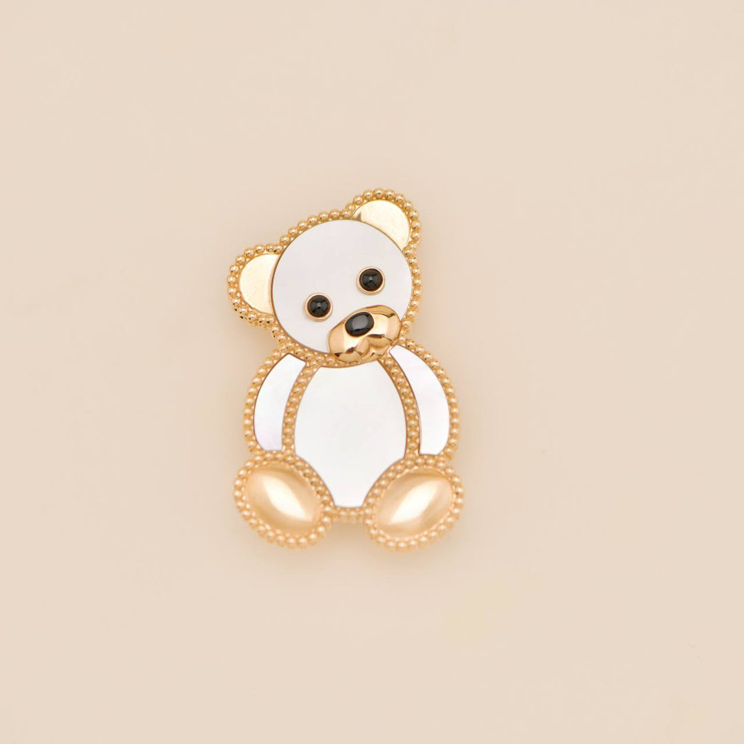 Preloved Van Cleef Lucky Animals Mother of Pearl Onyx 18K Rose Gold Teddy Bear Clip
