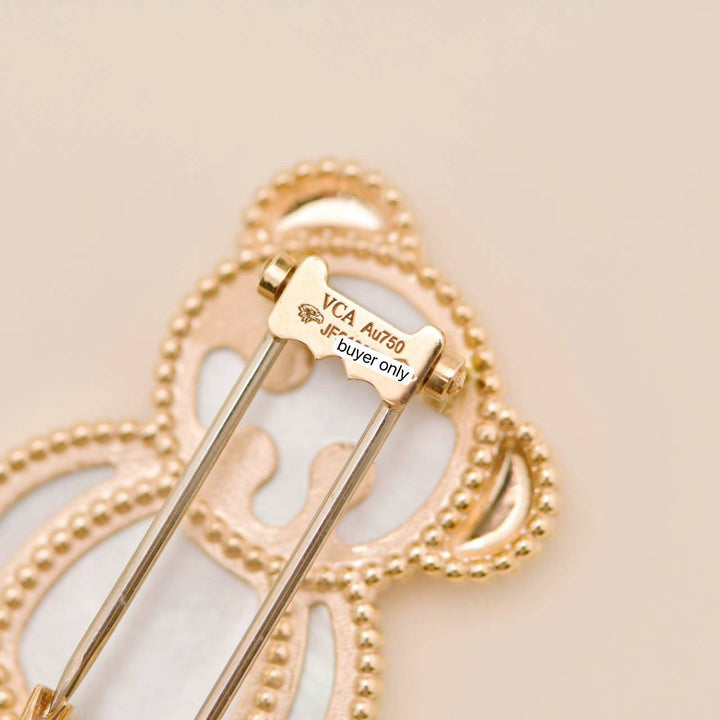 Used Van Cleef Lucky Animals Mother of Pearl Onyx 18K Rose Gold Teddy Bear Clip
