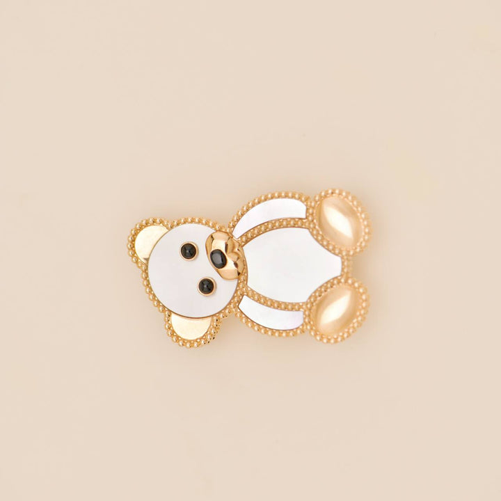 Second Hand Van Cleef Lucky Animals Mother of Pearl Onyx 18K Rose Gold Teddy Bear Clip