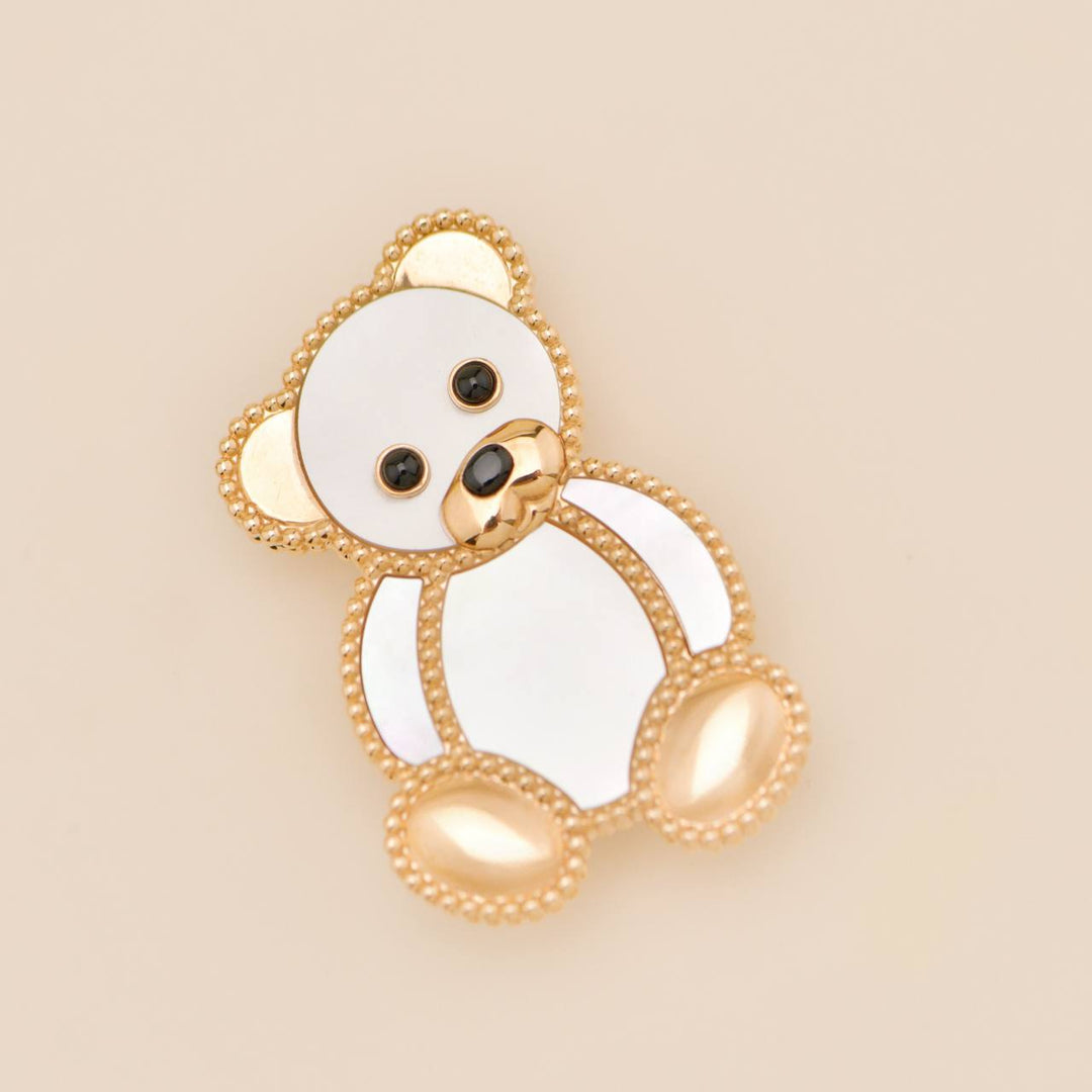 Preowned Van Cleef Lucky Animals Mother of Pearl Onyx 18K Rose Gold Teddy Bear Clip