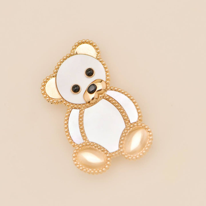 Preowned Van Cleef Lucky Animals Mother of Pearl Onyx 18K Rose Gold Teddy Bear Clip