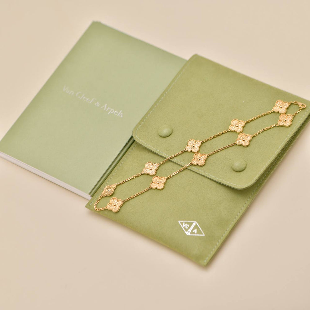 Preowned Full set Authentic Van Cleef & Arpels Vintage Alhambra 10 Motif Hammered Necklace 18K Yellow Gold